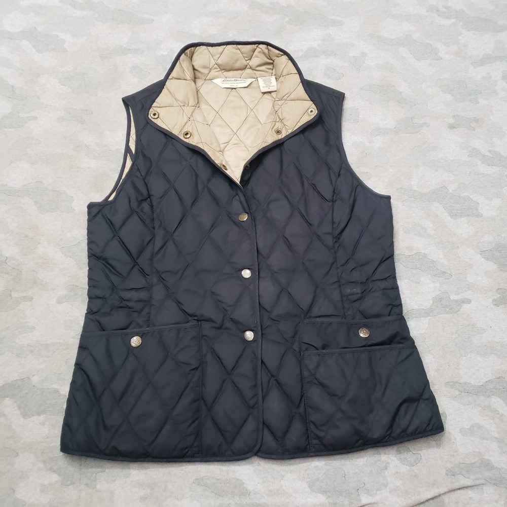 Eddie Bauer Vest Womens Medium Black Diamond Quilted Goose Down Snap Sleeveless